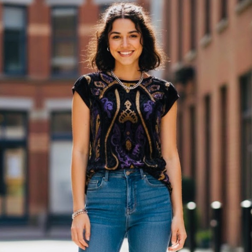 🚨4X$25🚨 Revolution Black and Purple Embellished Cap Sleeve Blouse